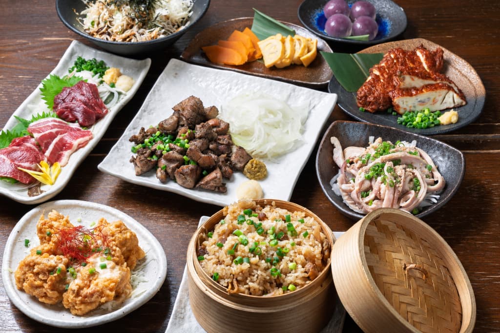 【2時間飲み放題付き】鍋無し！馬刺しと宮崎チキン南蛮の阿蘇コース　〈全９品〉5,000円（税込）